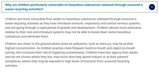 A screeshot to WHO saying that children are particularly vulnerable to e-waste substances
